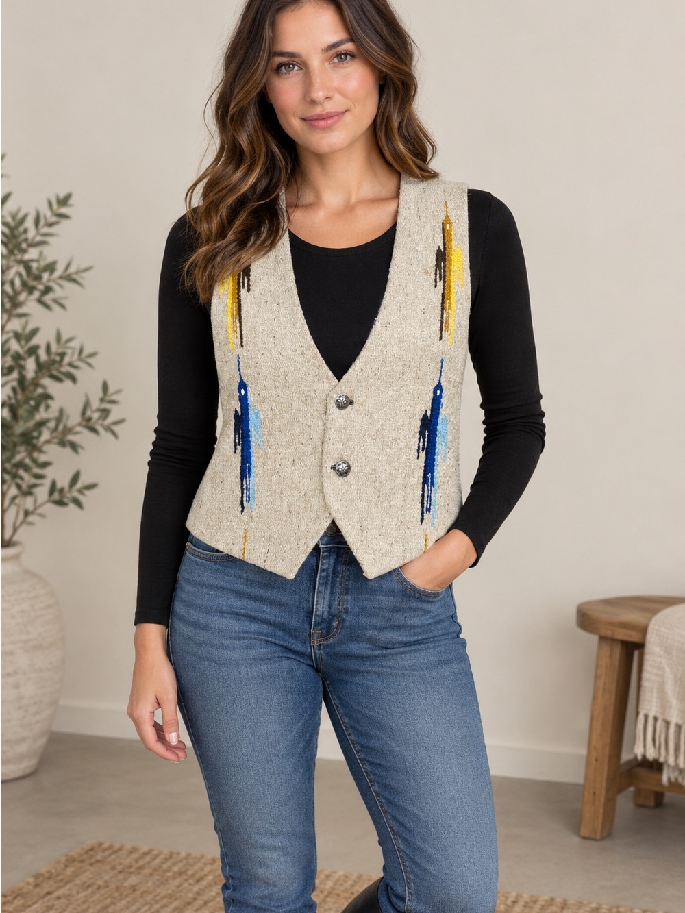 Vintage Embroidered Western Vest Large Cotton Satin Lined Boho Southwestern